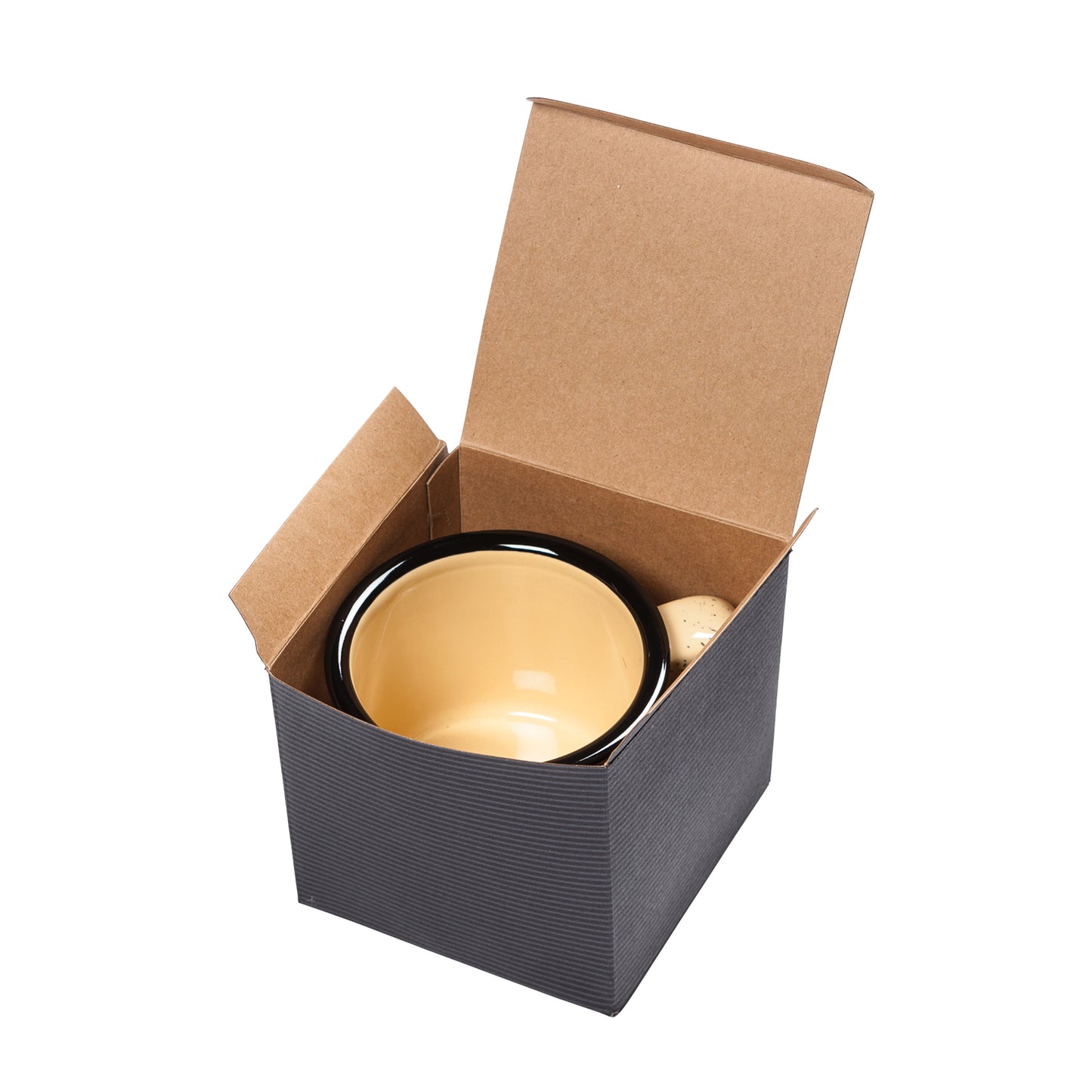 CO beige ceramic mug with black rim, packaged in an open kraft and textured black gift box.