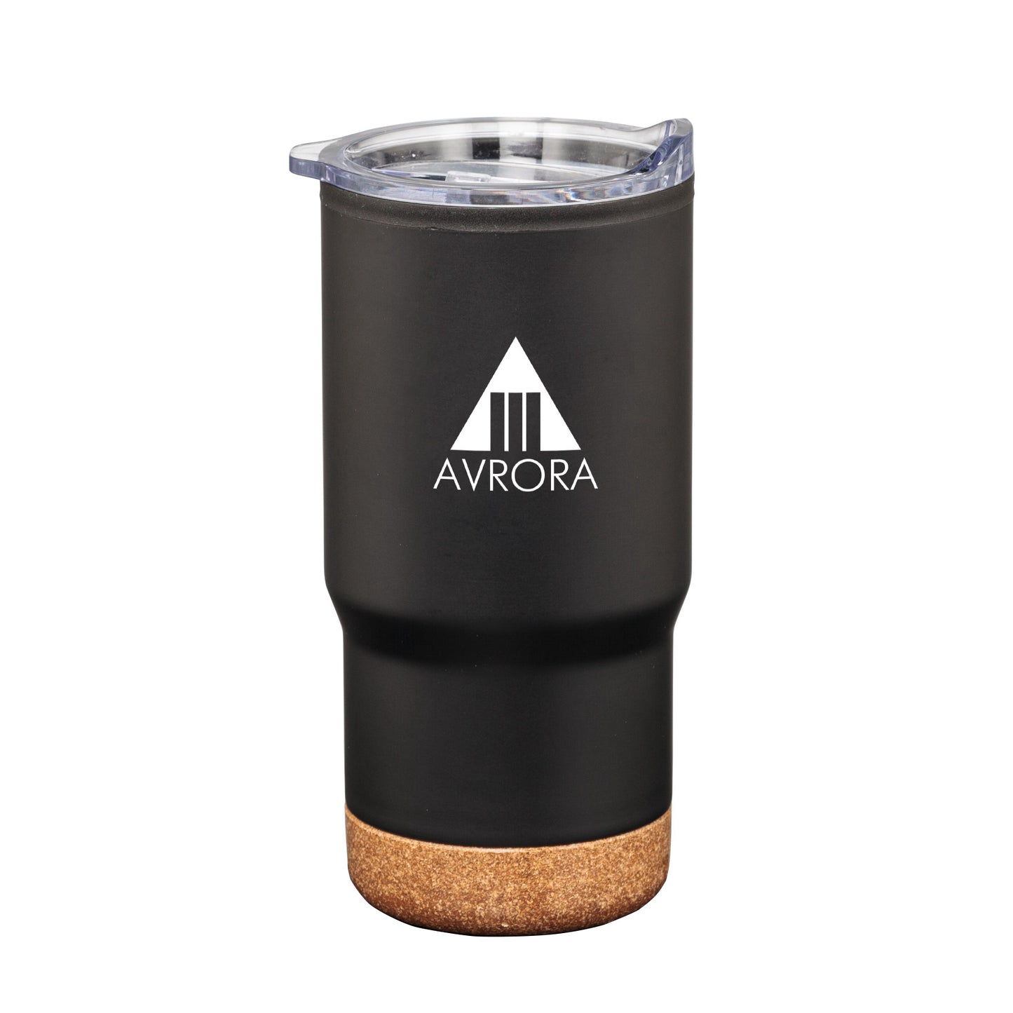 Black travel tumbler with clear lid, cork base, and white Avrora logo.