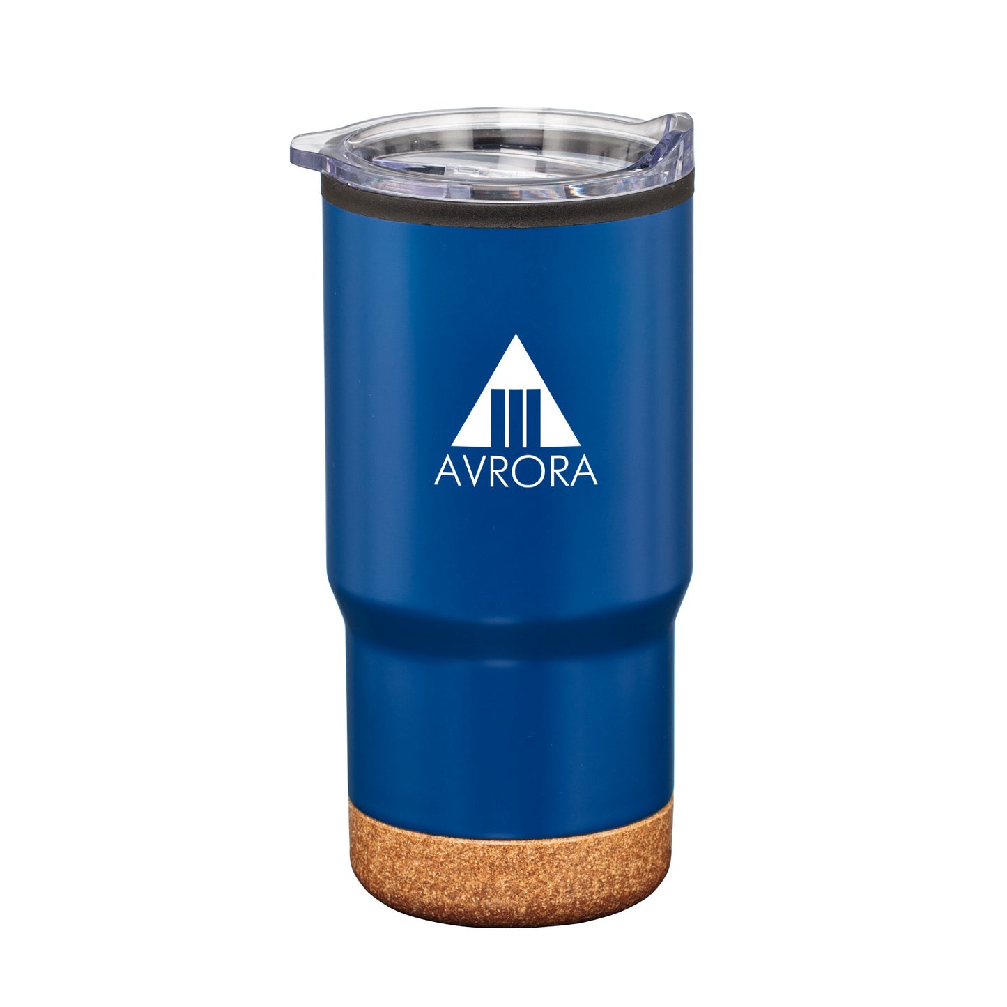 Blue travel tumbler with clear lid, cork base, and white Avrora logo.