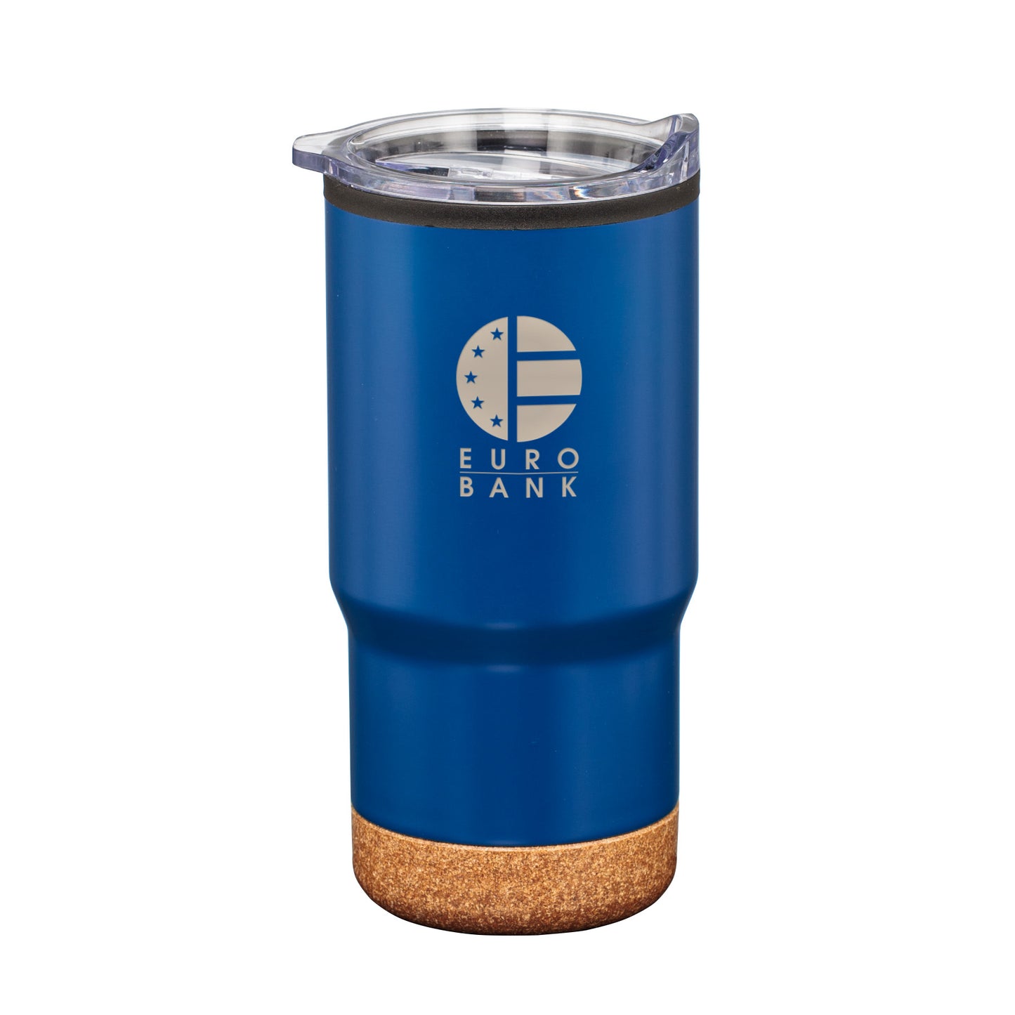 Blue travel tumbler with clear lid, cork base, and Euro Bank logo in silver.
