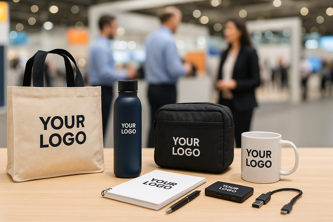 Branded promotional products displayed on a table at a trade show, including a tote bag, water bottle, lunch bag, notebook, pen, mug, power bank, and charging cable, all labeled with “Your Logo.