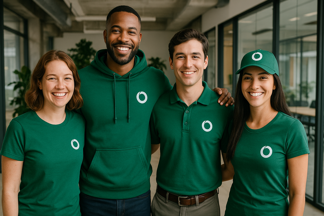Group of four smiling employees wearing matching green branded apparel, including t-shirts, a hoodie, a polo shirt, and a cap, standing together in a modern office setting.