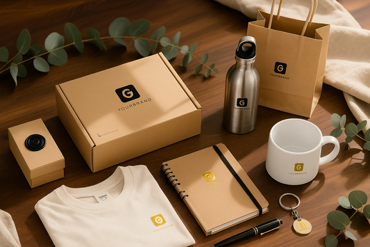 Custom kraft boxes, paper bag, bottle, mug, T-shirt, notebook, pen, and keychain arranged neatly on a wooden table.
