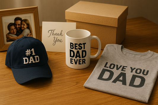 Father’s Day gifts: cap, mug, t-shirt, thank you card, and gift box on a table.