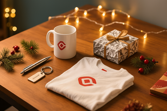 Branded holiday gifts including a T-shirt, mug, pen, and keychain on a festive wooden table.