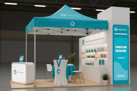 Modern trade show booth with branded canopy, tablecloth, banners, and clean, professional setup.