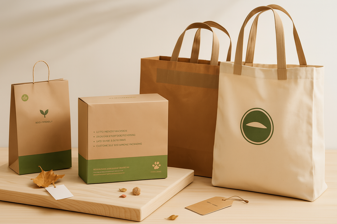 Eco-friendly packaging display featuring kraft paper shopping bags, a biodegradable pouch, and a recyclable gift box on a wooden surface with soft natural lighting and dried leaves as accents.