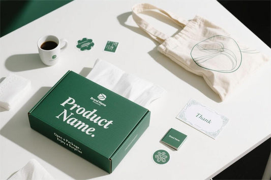 Top-down view of a custom unboxing setup featuring a green branded mailer box, thank-you card, eco-friendly tote bag, coffee mug, stickers, and printed inserts on a clean white table—perfect for showcasing sustainable e-commerce packaging.