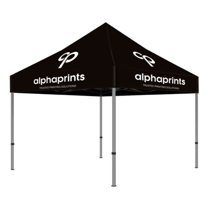 Black custom 10ft x 10ft canopy tent with pop-up aluminum frame, showcasing the "Alpha Prints" logo and tagline "Trusted Printing Solutions" in white on all visible panels.