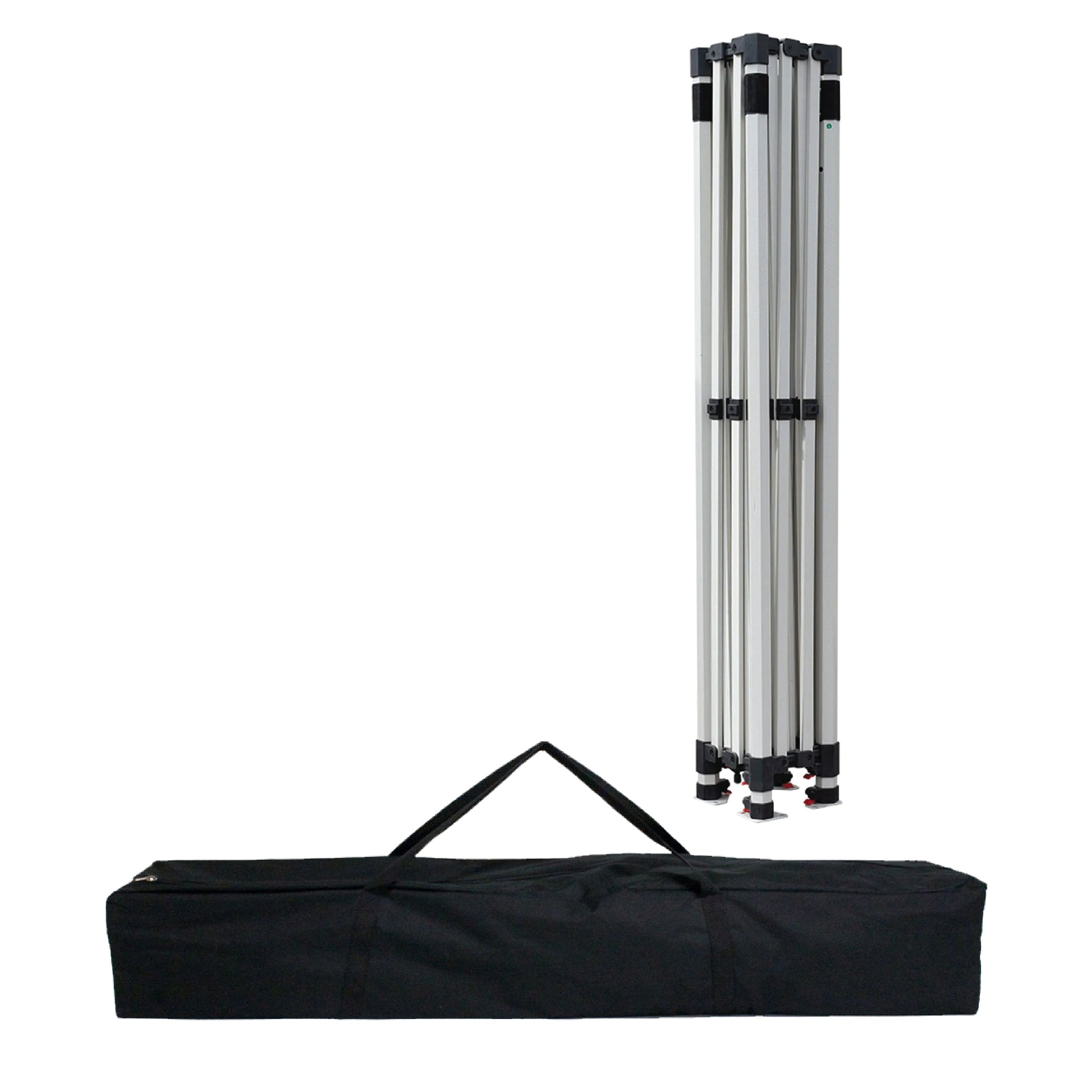 Folded aluminum pop-up tent frame standing upright next to a black carrying bag with handles, designed for easy transport and storage of a 10ft x 10ft canopy tent.