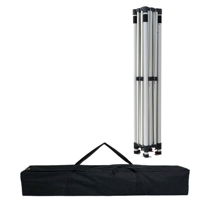 Folded aluminum pop-up tent frame standing upright next to a black carrying bag with handles, designed for easy transport and storage of a 10ft x 10ft canopy tent.