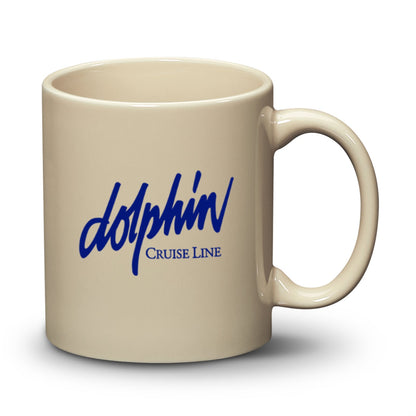 Beige ceramic mug with a blue 'Dolphin Cruise Line' logo printed on the front.