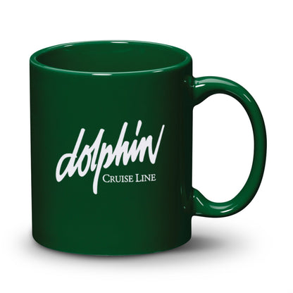 Green ceramic mug with a 'Dolphin Cruise Line' logo printed on the front.
