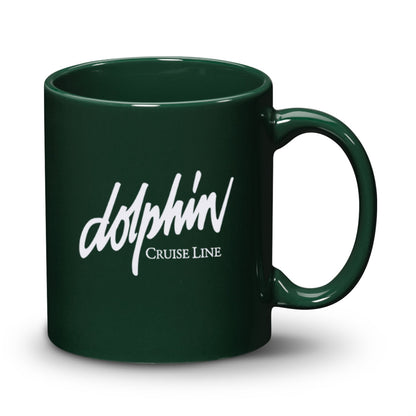 Glossy hunter green ceramic mug with white 'Dolphin Cruise Line' logo on the front.