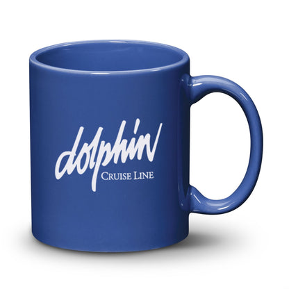 Ocean blue ceramic mug with a 'Dolphin Cruise Line' logo printed on the front.