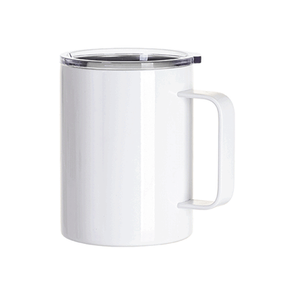 White insulated travel mug with a clear plastic lid and a large handle, shown without any printed design.