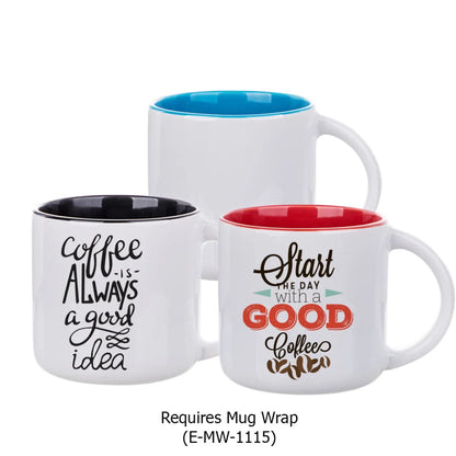 Three white ceramic mugs with colorful interiors (black, red, and blue). The mugs feature uplifting coffee-themed text designs