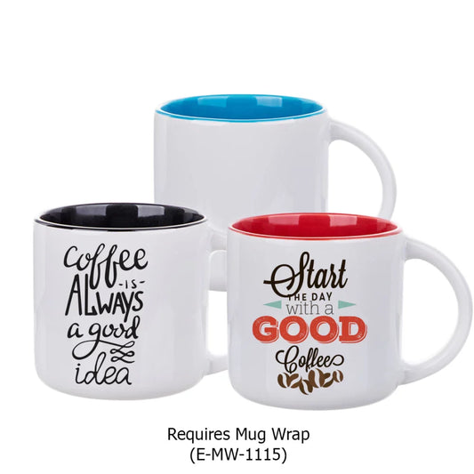 Three white ceramic mugs with colorful interiors (black, red, and blue). The mugs feature uplifting coffee-themed text designs