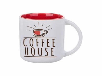 White ceramic mug with red interior, featuring a “Coffee House” logo and a steaming red cup illustration.