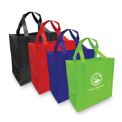 Four reusable non-woven tote bags in black, red, blue, and green (with a customized logo), arranged in a row.