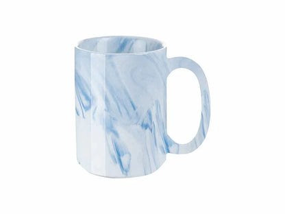Blue marble ceramic mug with a glossy finish and large handle.