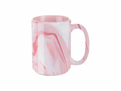 Pink marble ceramic mug with a glossy finish and large handle.