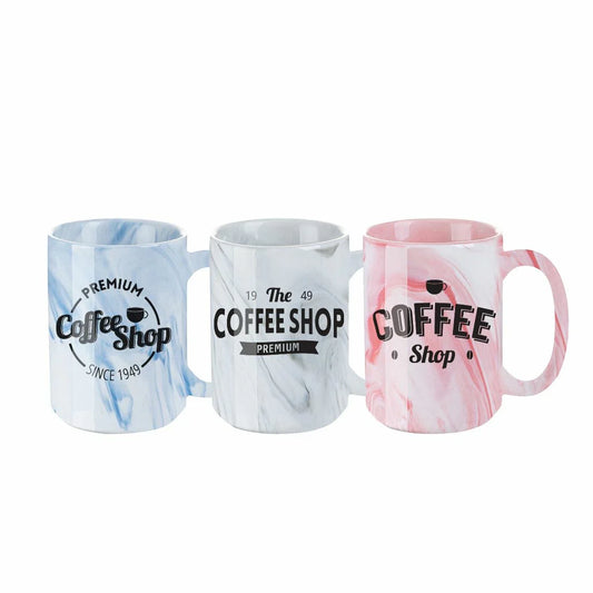 Set of three ceramic mugs with marbled patterns in blue, white, and pink, each featuring vintage-style "Coffee Shop" branding and bold black typography.