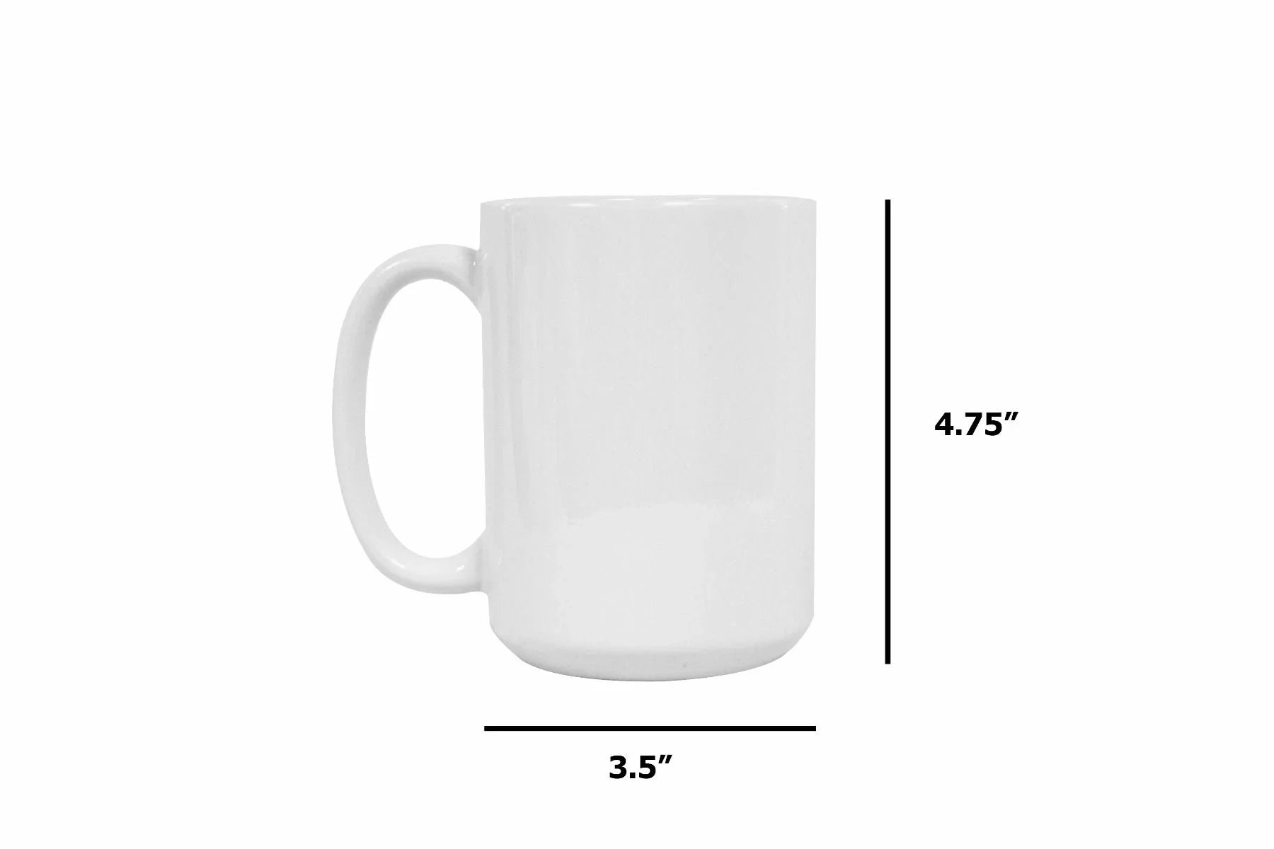 Plain white ceramic mug with dimensions approximately 4.75" in height and 3.5" in diameter, ideal for custom printing or everyday use.