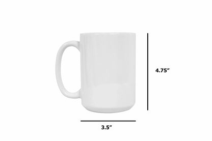 Plain white ceramic mug with dimensions approximately 4.75" in height and 3.5" in diameter, ideal for custom printing or everyday use.