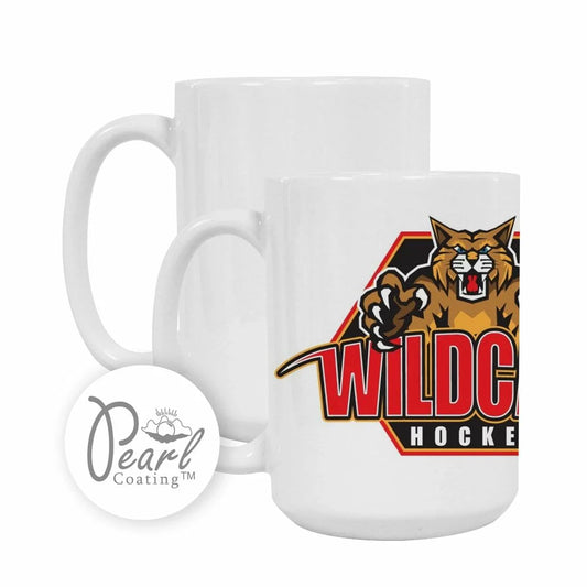 White ceramic mug with a pearl coating finish, featuring a bold “WILDCATS HOCKEY” logo and a fierce wildcat graphic.