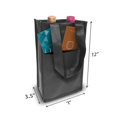 Slim black wine tote bag with front pocket, ideal for holding two bottles or printed materials.