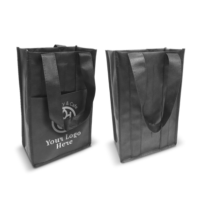 Black reusable tote bags with reinforced handles and a wide base