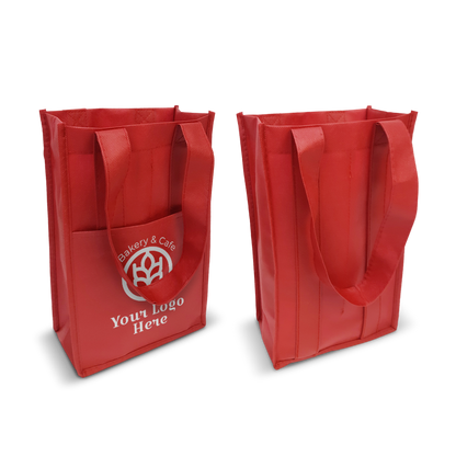 Red reusable tote bags with reinforced handles and a wide base
