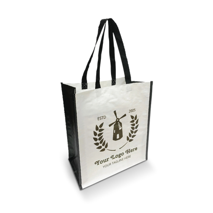 Laminated reusable tote bag with sturdy black handles and a customizable front panel