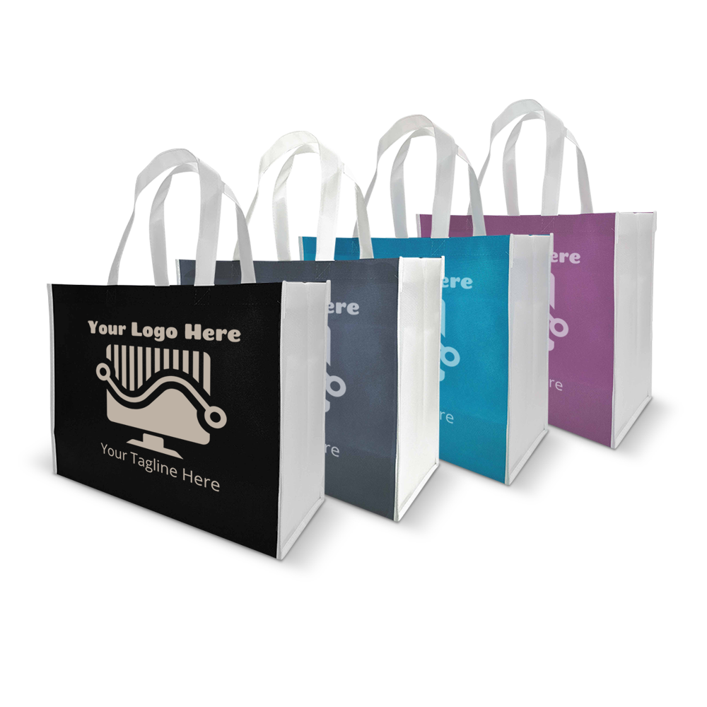 Reusable tote bags with custom logo design in four vibrant colors and white handles.