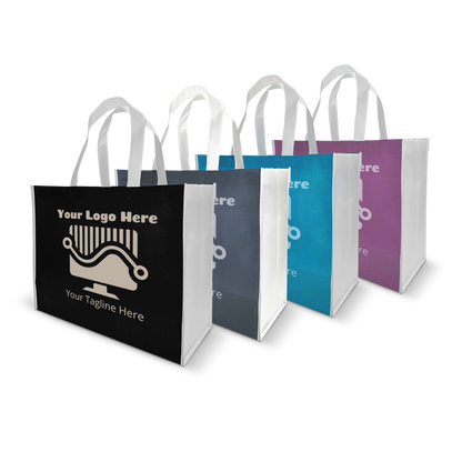 Reusable tote bags with custom logo design in four vibrant colors and white handles.