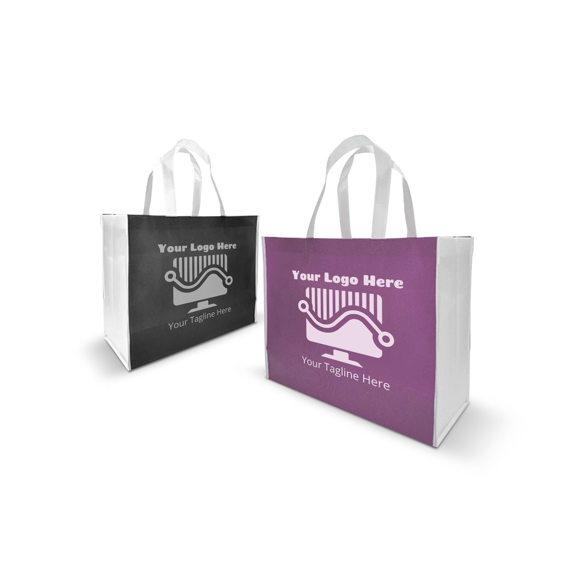 Custom two-tone tote bags with sturdy white handles, ideal for everyday branding.