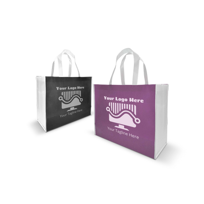 Custom two-tone tote bags with sturdy white handles, ideal for everyday branding.