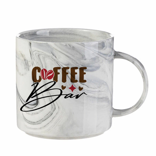 Grey marbled ceramic mug with a "Coffee Bar" design featuring heart and coffee bean graphics, ideal for cafes or personalized gifts.