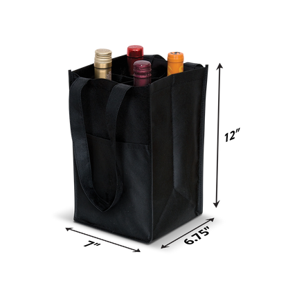 Black reusable wine tote with divided compartments for four bottles, durable non-woven material, and strong handles