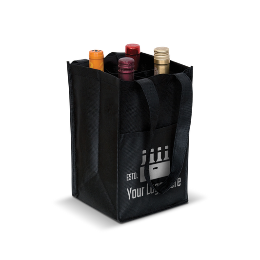 Black non-woven wine tote bag with reinforced handles and interior dividers, designed to securely hold up to 6 bottles