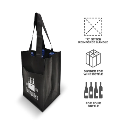 Black four-bottle wine tote with reinforced X-stitched handles, built-in bottle dividers, and custom imprint area
