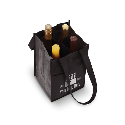 Black wine tote with six-bottle compartments and front imprint area, featuring sturdy handles and reinforced seams