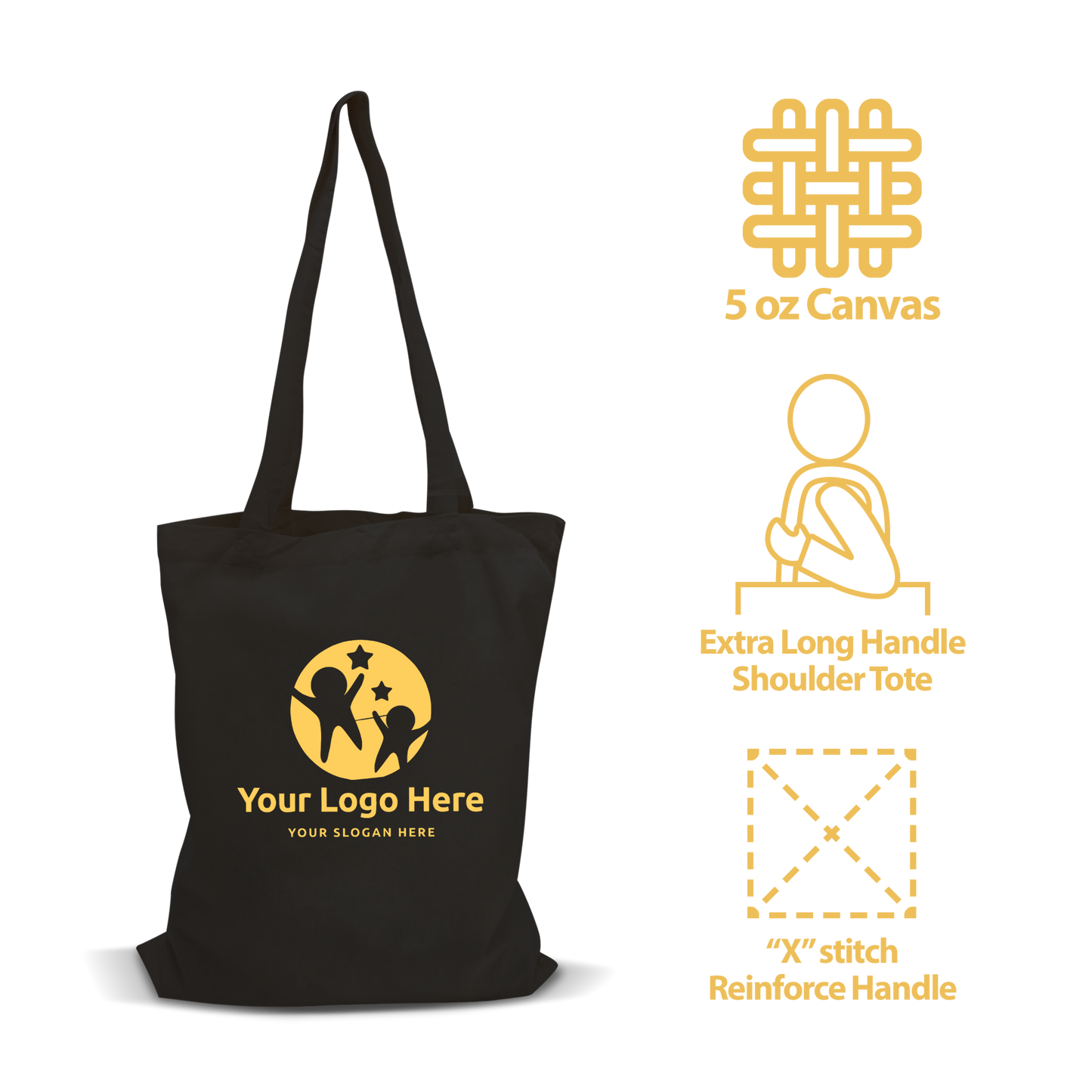Black 5 oz canvas tote bag with extra-long shoulder handles and reinforced “X” stitch for durability.