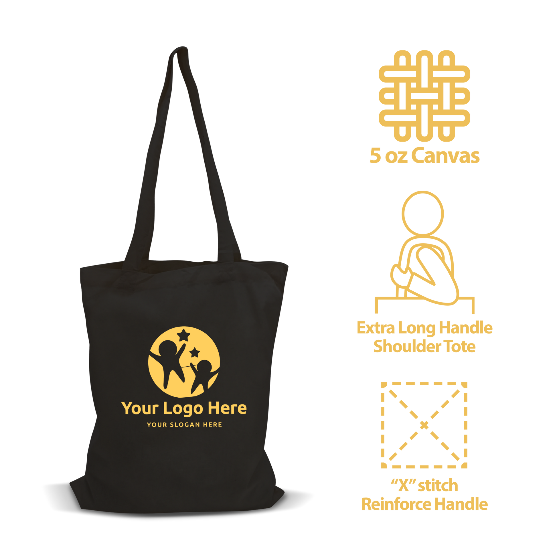 Black 5 oz canvas tote bag with extra-long shoulder handles and reinforced “X” stitch for durability.