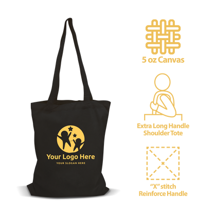 Black 5 oz canvas tote bag with extra-long shoulder handles and reinforced “X” stitch for durability.