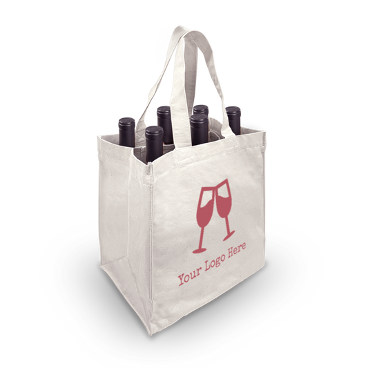 6-bottle canvas wine bag, 10oz, with removable dividers and custom logo, sized 10.5”W x 7.5”D x 12”H.