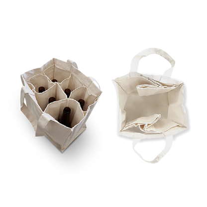 Canvas wine tote with 6 bottle compartments, top view.
