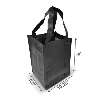Tall black reusable tote bag with sturdy handles, measuring 13" H x 10.25" W x 6.5" D