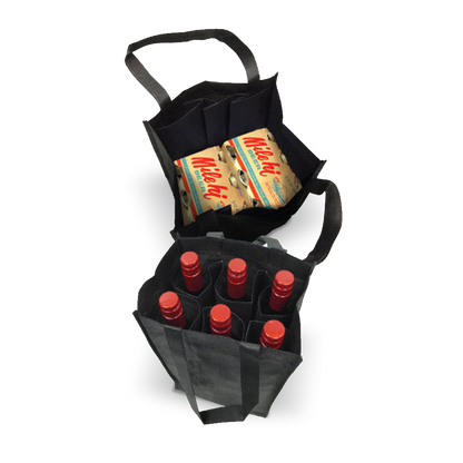 Black reusable tote with internal dividers for securely holding bottles or boxed goods.